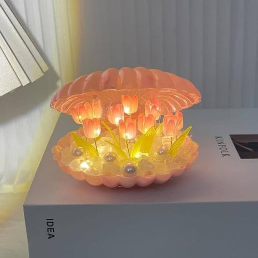 Tulip Pearl Shell Lamp | LED Decorative Flower Night Light with 20 Artificial Tulips