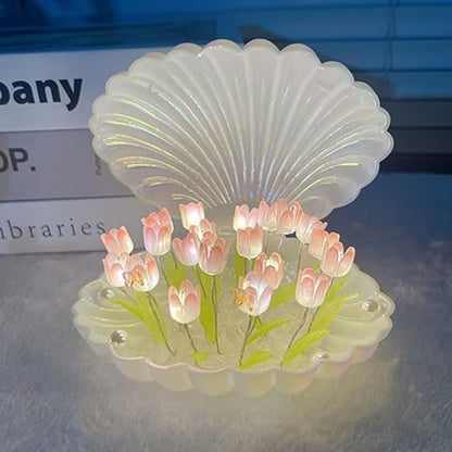 Tulip Pearl Shell Lamp | LED Decorative Flower Night Light with 20 Artificial Tulips